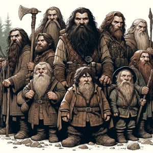 weary, travel-worn group of dwarves, a hobbit, and a wizard, conveying a sense of their ongoing adventure and resilience