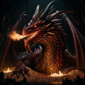 Smaug, the dragon from J.R.R. Tolkien's universe. The image portrays a majestic and intimidating dragon, emphasizing its imposing presence and power.