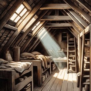 Illustration of a cramped and dimly lit attic room, symbolizing the confined and tense environment where Anne Frank and her family hid