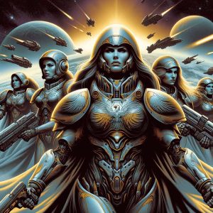 sci-fi illustration of the Honored Matres from 'Chapterhouse_ Dune', depicting powerful, aggressive women in futuristic armor