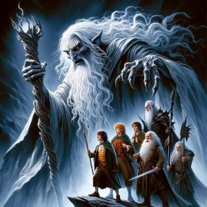 An ominous and frightening evil wizard dressed in white, with white hair, holding a gnarly yet powerful rod. He looks down upon the band of characters that are seeking him out to destroy him.