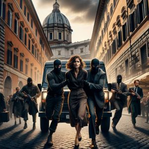 depiction of a kidnapping scene inspired by John Grisham's novel 'The Exchange'. The setting is a bustling street in Rome, Italy