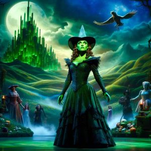 Elphaba, the green-skinned protagonist, standing defiantly in the magical land of Oz