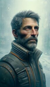 A portrait of Mickey7, the protagonist from the novel 'Mickey7' by Edward Ashton. He appears as a rugged, middle-aged man