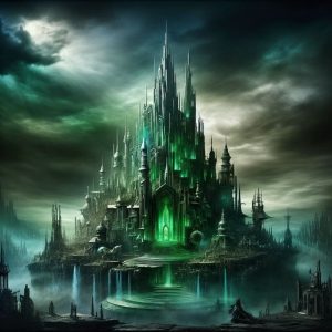 the Emerald City under the Wizard's rule, portrayed as a foreboding and oppressive structure