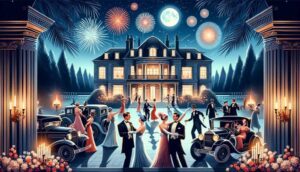 Lavish 1920s Party Scene: This image captures the essence of Jay Gatsby's extravagant parties, featuring elegantly dressed people dancing, a grand mansion in the background, vintage cars, and a vibrant display of fireworks in the night sky.