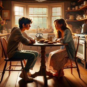 Boy and Girl teens sitting at a table in a rustic looking kitchen, engaged in meaningful conversation