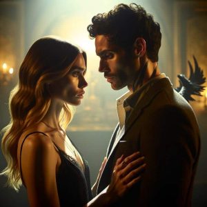 Bryce, a half-Fae, half-human woman, and Hunt, a fallen angel. They are close in a dimly lit room, symbolizing privacy and closeness. Bryce's mix of strength and vulnerability pairs with Hunt's protective yet tormented demeanor, their expressions reflecting love, conflict, and understanding.