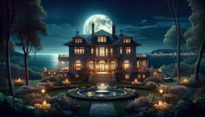 Luxurious 1920s Mansion: Inspired by Jay Gatsby's house, this image portrays a serene, moonlit view of a luxurious mansion from the 1920s, surrounded by lush gardens with a view of the Long Island Sound, under a starry night sky.