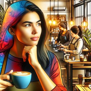 A vibrant and independent young Greta, with a mixed Russian and Māori heritage, working in a cozy cafe in Auckland, New Zealand.