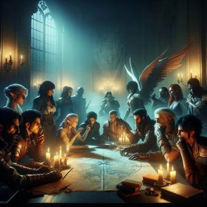 a dramatic scene of rebellion in a fantasy setting. A diverse group of characters, including humans, fae, and angels, are gathered for a clandestine meeting. The tense atmosphere is filled with urgency as they plan a covert operation, with animated discussions and strategic maps spread across a table. The dim lighting underscores the secrecy and seriousness of their mission.