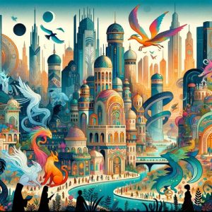 Crescent City, a vibrant and bustling metropolis. The blend of modern and fantastical architecture, along with the diverse crowd of humans, faes, and other magical beings, vividly brings to life the setting of the novel.
