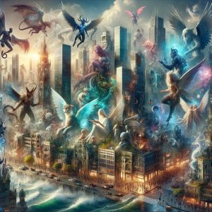a modern cityscape intertwined with fantastical elements, where diverse species like angels, fae, and demons coexist. The architecture merges skyscrapers with ancient, mystical structures, and the streets are vibrant with a mix of modern humans and magical creatures, highlighting the underlying tensions and hidden powers within the city.
