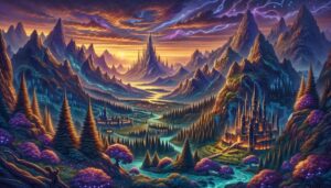 An intricate fantasy landscape depicting a kingdom from the book 'House of Flame and Shadow.' The landscape includes towering mountains, a vast forest, sunset, and a river running through the valley near a castle