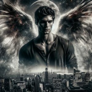 dramatic portrayal of Hunt Athalar captures his brooding and powerful presence. The image reflects his fallen angel status, with wings that hint at his angelic nature, set against a backdrop that combines celestial and urban elements, symbolizing his complex identity and the setting of the novel.