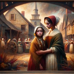 Hester and her daughter standing together, symbolizing their enduring bond and the impact of societal judgment. This scene portrays their hope and resilience amidst adversity, set against the backdrop of a Puritan village.