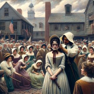 Hester being publicly punished in a courtyard, highlighting her resilience and the infamous scarlet letter 'A' on her dress, set against a backdrop of a Puritan New England town. This scene captures the theme of public shaming and societal judgment.