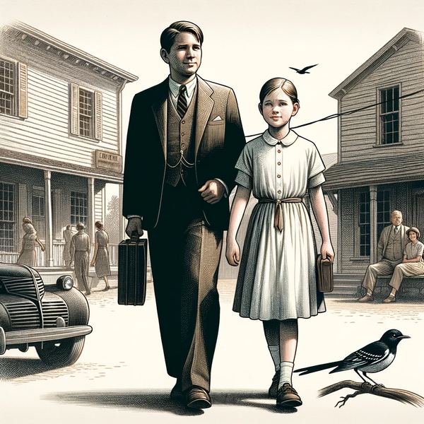 Atticus and Scout walking through town