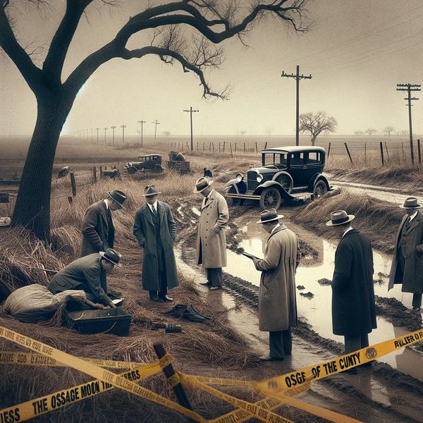 1920s crime sceen with FBI agents investigating a murder
