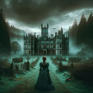 the grand estate of Manderley with its mysterious, gothic mansion, reflecting the novel's suspenseful and atmospheric qualities