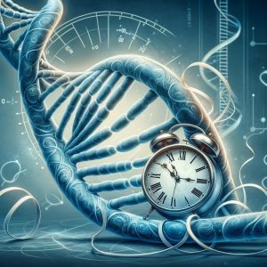 an illustration of a DNA helix intertwined with a clock, representing the genetic factors in aging and the ticking of the biological clock