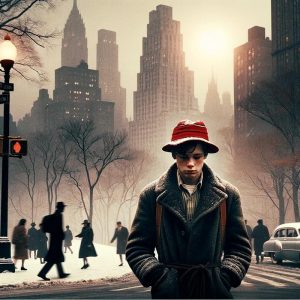 a winter scene in New York City during the 1950s, with a teenage Holden Caulfield wandering the snowy streets alone