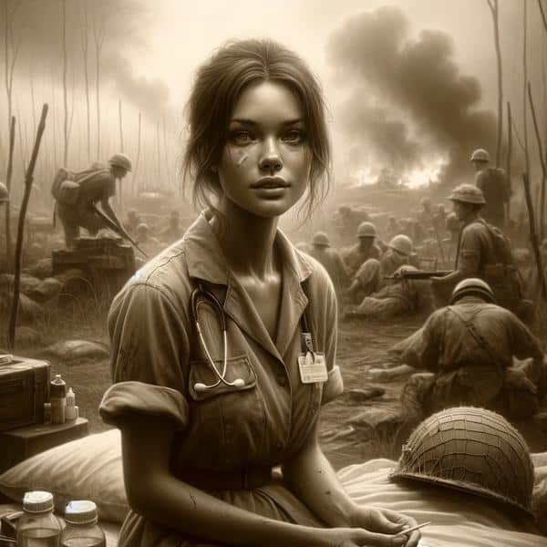 This sepia illustration represents the themes and setting of Kristin Hannah's novel "The Women," focusing on a young female nurse during the Vietnam War