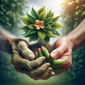 young and old hands nurturing a vibrant, healthy plant, symbolizing aging and vitality