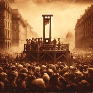 the iconic guillotine scene, a pivotal moment in the story set during the tumultuous times of the French Revolution
