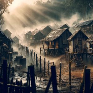 gritty, war-torn prisoner of war camp, depicting the harsh living conditions and struggle for survival, with wooden barracks and barbed wire