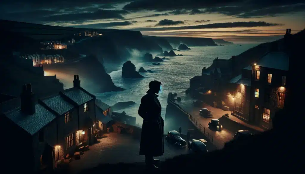an atmospheric image inspired by the book "A Death in Cornwall" by Daniel Silva, set in Cornwall with elements from the 1940s. It captures the suspenseful mood and the classic film noir style, reflecting the tension and intrigue of the story.