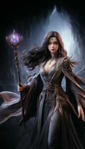 A full-body portrait of the main character, Gray Alys, depicted as a powerful sorceress with a flowing cloak, intricate robes, and a staff topped with a glowing crystal.