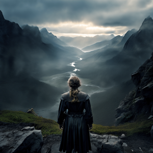 Gray Alys, Looking out over a vast valley with a river flowing through it