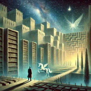 A surreal depiction of a mysterious, walled city under a stary sky with shelves of books